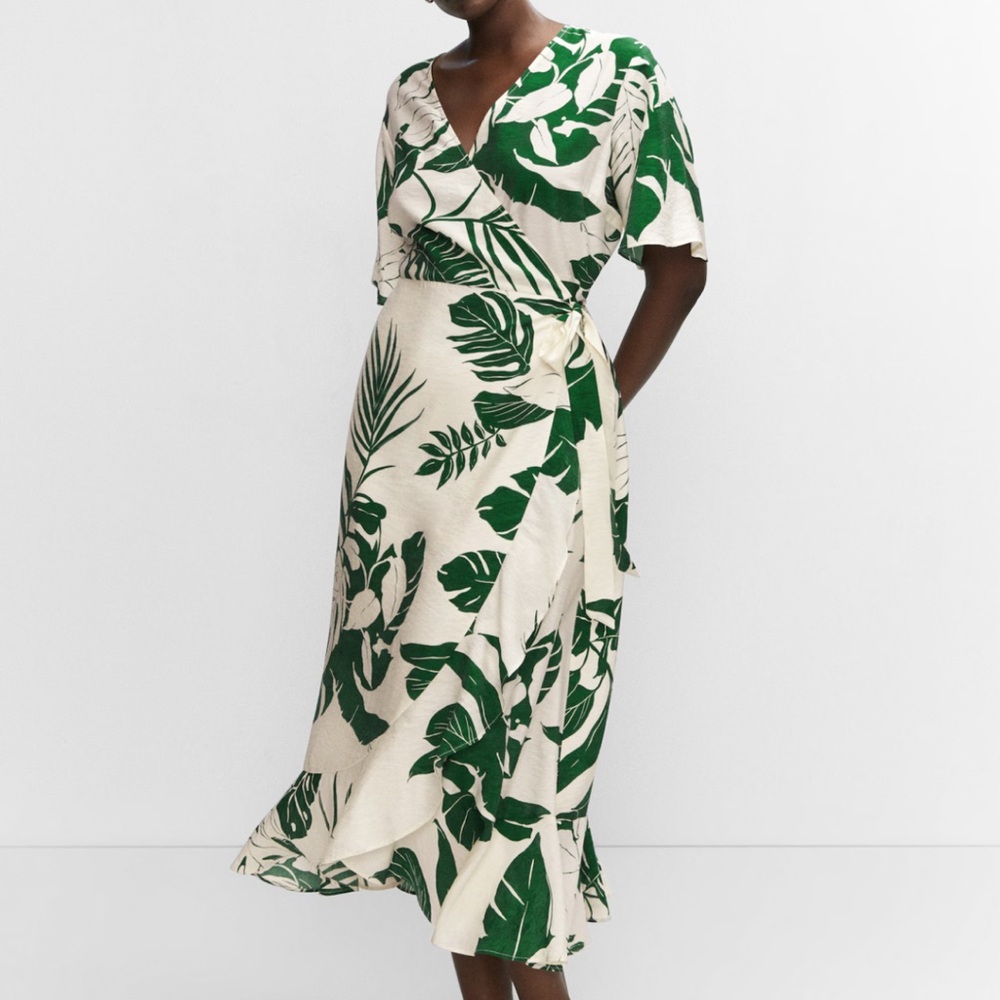 Tropical Green and Cream Wrap Dress